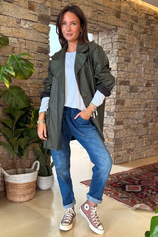 Made in Italy Runa Leather Look Relaxed Blazer Khaki **